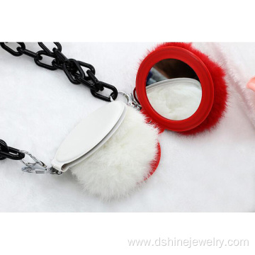 Rabbit Fur Ball POM POM Mirror Keychain Long Chain Necklace